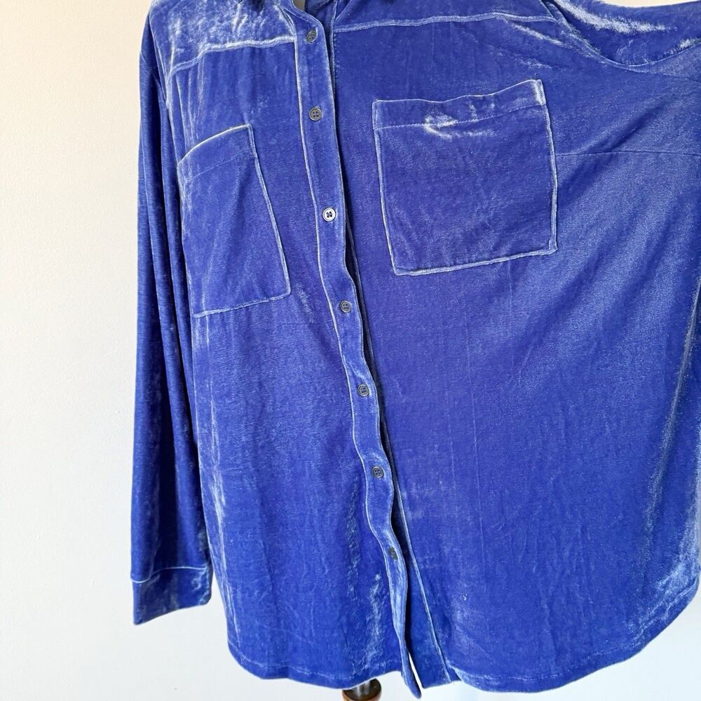 Cato Shirt Long Sleeve Button Up Velour Crushed Velvet Blouse Blue 22/24W 3X - Picture 13 of 16
